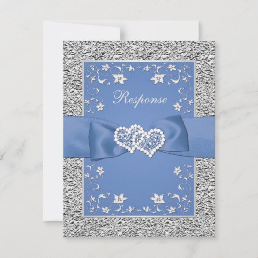 Blue Silver Floral Hearts IMITATS Foil Wedding RSV RSVP Karte (Vorderseite)