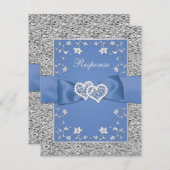 Blue Silver Floral Hearts IMITATS Foil Wedding RSV RSVP Karte (Vorne/Hinten)
