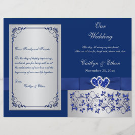 Blue, Silver Floral Hearts Wedding Program