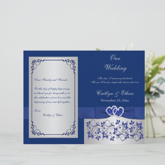 Blue, Silver Floral Hearts Wedding Program (Stehend Vorderseite)