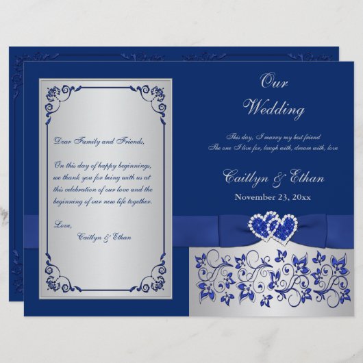 Blue, Silver Floral Hearts Wedding Program (Vorne/Hinten)