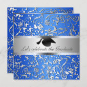 Blue Silver Floral Pattern Black Abschluss Hat Einladung (Vorne/Hinten)