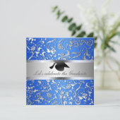 Blue Silver Floral Pattern Black Abschluss Hat Einladung (Stehend Vorderseite)