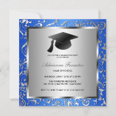 Blue Silver Floral Pattern Black Abschluss Hat Einladung (Rückseite)
