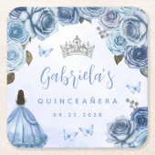 Blue Silver Floral Quinceañera Party Rechteckiger Pappuntersetzer (Vorderseite)