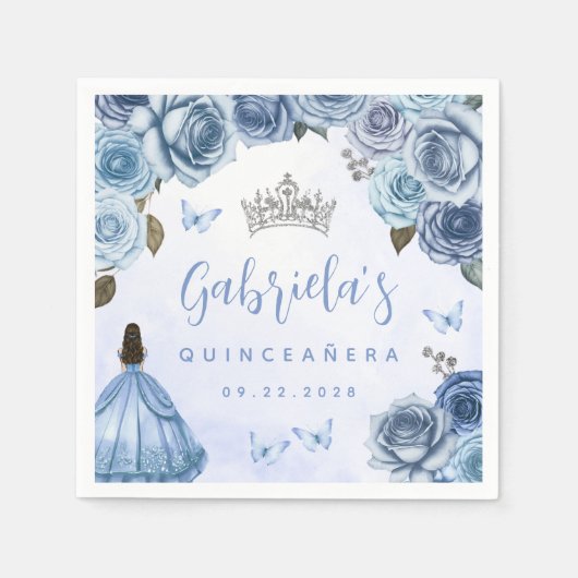 Blue Silver Floral Quinceañera Party Serviette (Vorderseite)