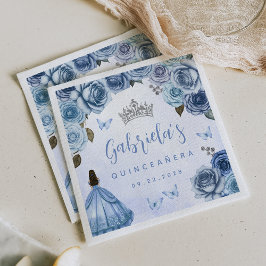 Blue Silver Floral Quinceañera Party Serviette