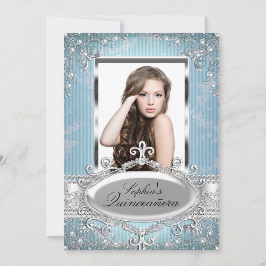 Blue Silver Floral Vintager Glamour Quinceanera Einladung (Vorderseite)