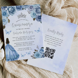 Blue Silver Floral Watercolor QR Code Quinceañera Einladung