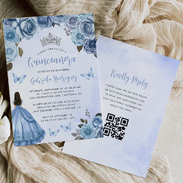 Blue Silver Floral Watercolor QR Code Quinceañera Einladung