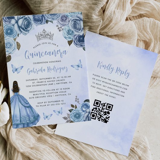 Blue Silver Floral Watercolor QR Code Quinceañera Einladung