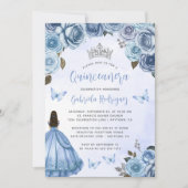 Blue Silver Floral Watercolor Quinceañera Einladung (Vorderseite)