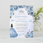 Blue Silver Floral Watercolor Quinceañera Einladung (Stehend Vorderseite)