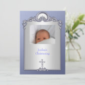 Blue Silver Foto Frame Jewel Cross Christening Einladung (Stehend Vorderseite)