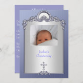 Blue Silver Foto Frame Jewel Cross Christening Einladung (Vorne/Hinten)