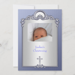 Blue Silver Foto Frame Jewel Cross Christening Einladung