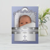 Blue Silver Foto Frame Jewel Cross Christening Einladung (Stehend Vorderseite)