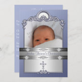 Blue Silver Foto Frame Jewel Cross Christening Einladung (Vorne/Hinten)