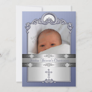 Blue Silver Foto Frame Jewel Cross Christening Einladung