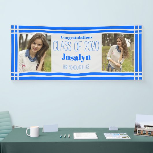 Blue Silver Geometric Two Fotos Abschluss Banner (Messe)