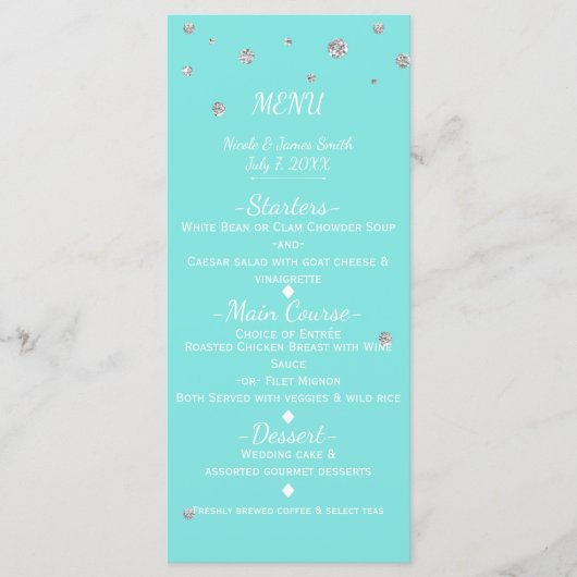 Blue & Silver Glam Imitats Glitzer Menu Card Menükarte (Vorderseite)