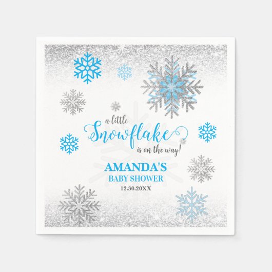 Blue Silver Glittery Snow Flake Winter Baby Shower Serviette (Vorderseite)