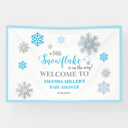 Blue Silver Glittery Snowflake Winter Baby Shower Banner (Horizontal)