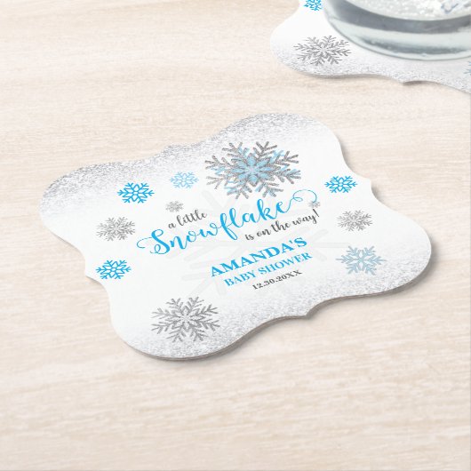 Blue Silver Glittery Snowflake Winter Baby Shower Untersetzer (angewinkelt)