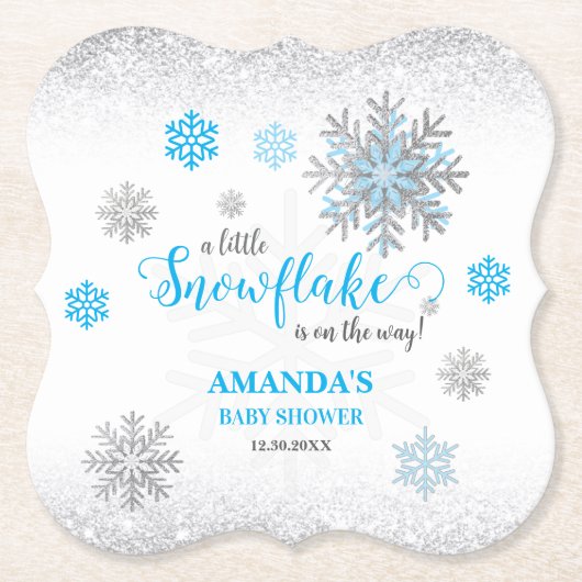 Blue Silver Glittery Snowflake Winter Baby Shower Untersetzer (Vorderseite)