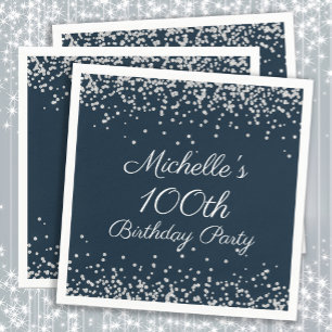 Blue Silver Glitzer 100. Geburtstagsparty Serviette