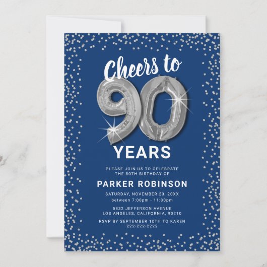 Blue Silver Glitzer 90. Geburtstag Einladung (Vorderseite)