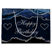 Blue & Silver Glitzer Agate Happy Birthday Große Geschenktüte (Rückseite)