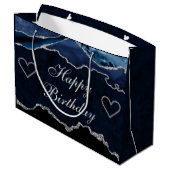 Blue & Silver Glitzer Agate Happy Birthday Große Geschenktüte (Rückseite Schrägansicht)