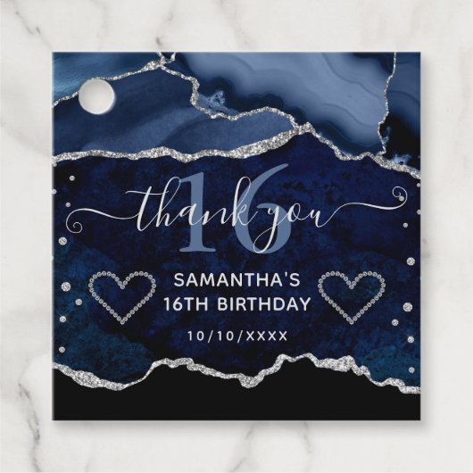 Blue & Silver Glitzer Agate Marble Sweet 16 Geschenkanhänger (Vorderseite)