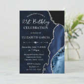 Blue & Silver Glitzer Agate Marmor Geburtstag Einladung (Stehend Vorderseite)