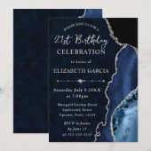 Blue & Silver Glitzer Agate Marmor Geburtstag Einladung (Vorne/Hinten)