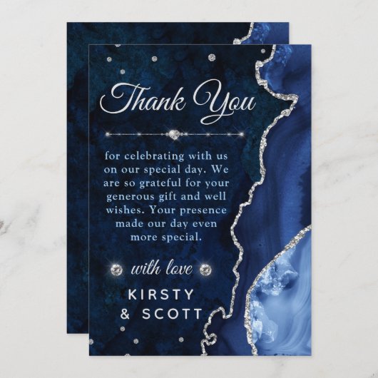Blue & Silver Glitzer Agate und Marmor Hochzeit Dankeskarte (Vorne/Hinten)