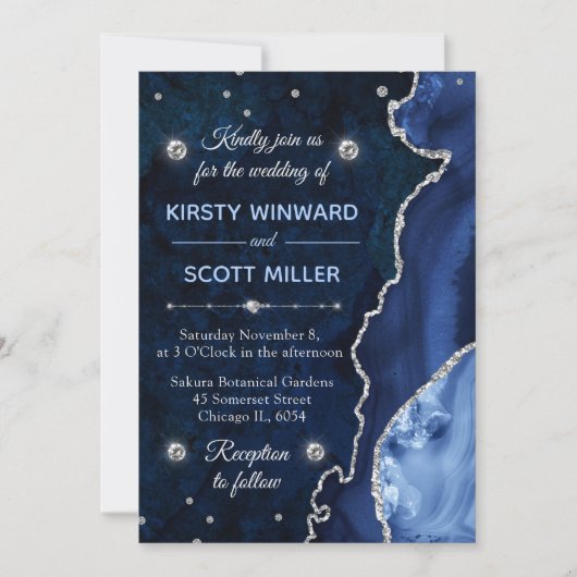 Blue & Silver Glitzer Agate und Marmor Hochzeit Einladung (Vorderseite)