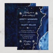 Blue & Silver Glitzer Agate und Marmor Hochzeit Einladung (Vorne/Hinten)