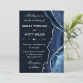 Blue & Silver Glitzer Agate und Marmor Hochzeit Einladung (Stehend Vorderseite)