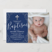 Blue Silver Glitzer Boy Baptisse Foto Einladung (Vorderseite)