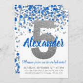 Blue Silver Glitzer Confetti Boy 5. Geburtstag Einladung (Vorne/Hinten)