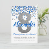 Blue Silver Glitzer Confetti Boy Achte Geburtstag Einladung (Stehend Vorderseite)