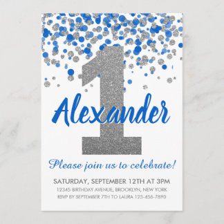Blue Silver Glitzer Confetti Boy Erster Geburtstag Einladung