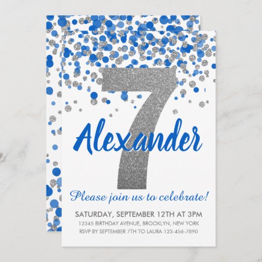 Blue Silver Glitzer Confetti Boy Siebter Geburtsta Einladung (Vorne/Hinten)