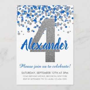 Blue Silver Glitzer Confetti Boy Vierte Geburtstag Einladung