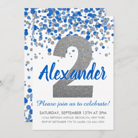 Blue Silver Glitzer Confetti Boy Zweiter Geburtsta Einladung (Vorne/Hinten)