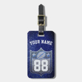 Blue & Silver Glitzer Football Player Team Spirit Gepäckanhänger (Vorderseite vertikal)