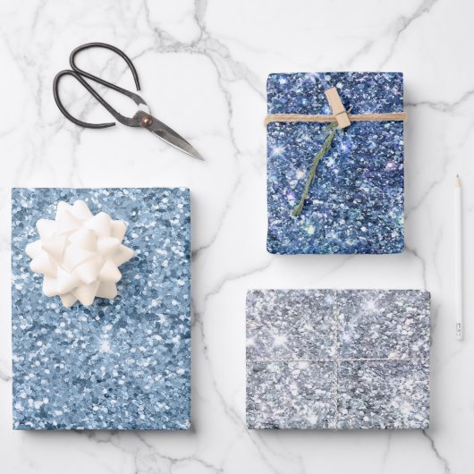 Blue Silver Glitzer Glam Bling Trendy Stilvoll Geschenkpapier Set (Vorderseite)