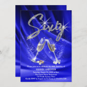 Blue & Silver Glitzer Glam Modern 60. Geburtstag Einladung (Vorne/Hinten)